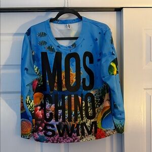 Moschino Women Blue Tropical Fish Swim Rashguard with Black Logo